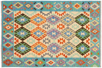 Flat Weave Kilim, Antique, Navaho, Vintage, Handmade, Geometric Kilim Beige Blue Hand-Woven Rectangle 100% Wool Area Rug 5 x 7